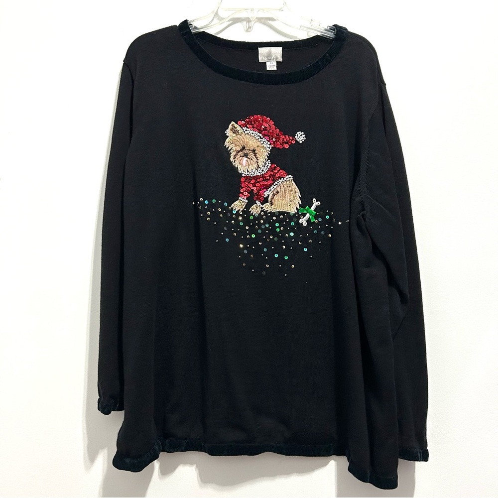 Berek Black Women’s Christmas Dog Sequins Pearls Santa Hat Long Sleeve Blouse